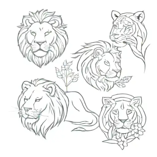 Cherry Blossom Next To A Lion And Delphinium Flower On The Other Next To A Lioness