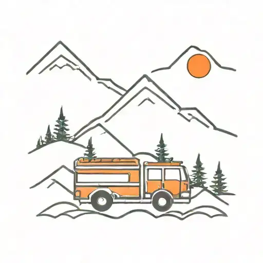 A Minimalist Design Of A Mountain Landscape With A Fire Truck In The Foreground