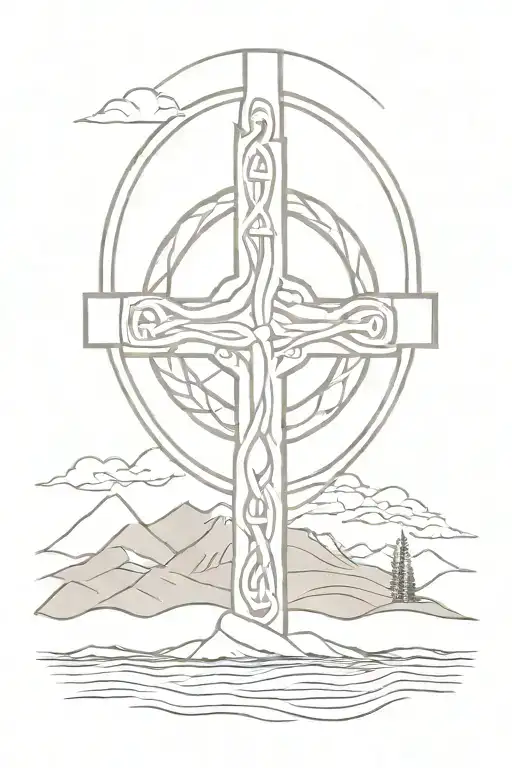 Celtic Cross With River And Mountains In The Cross