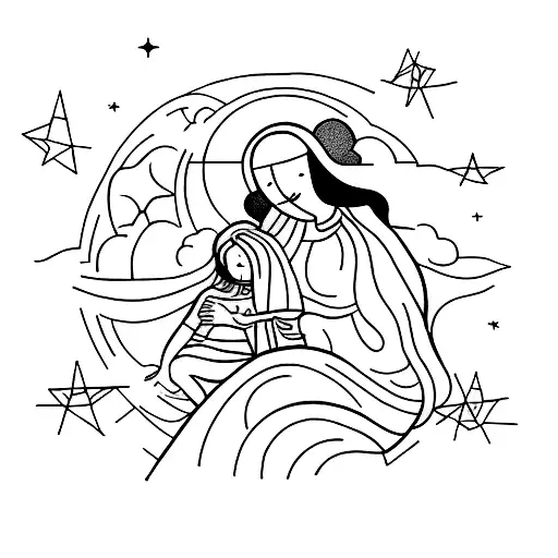 A Minimalist Tattoo Of A Mother And Child Traveling Under A Starry Sky