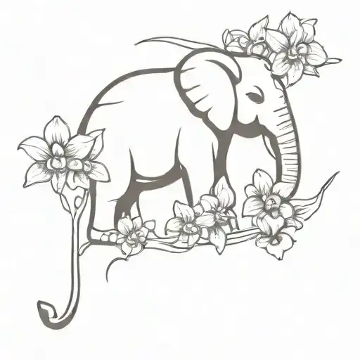 Small Elephant With Orchids Blooming