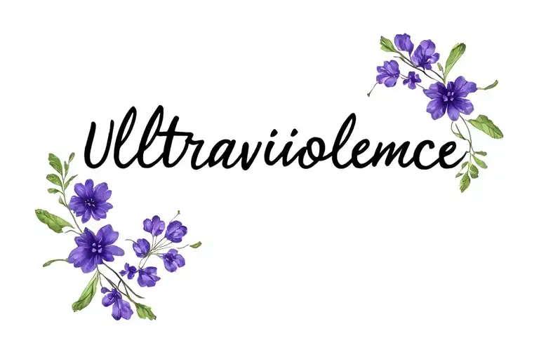 Word Ultraviolence In Cursive Font With Wispy Violet Flowers