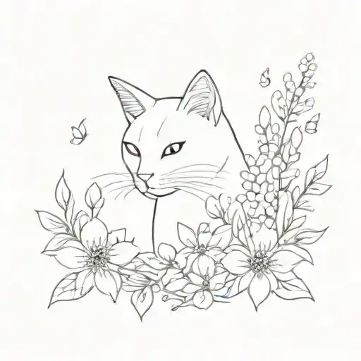 A Minimalist Design Of A Cat Surrounded By Flowers
