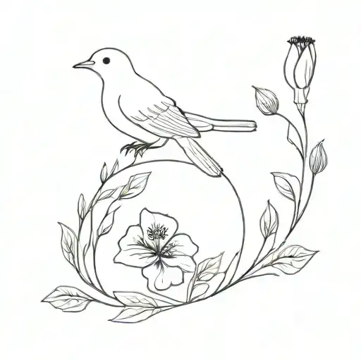 A Minimalist Design Of A Poppy And Larkspur Flower Circled By Simple Turtle Doves
