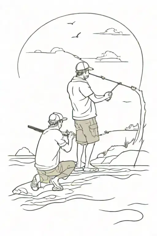 Father And Son Fishing By The Beach