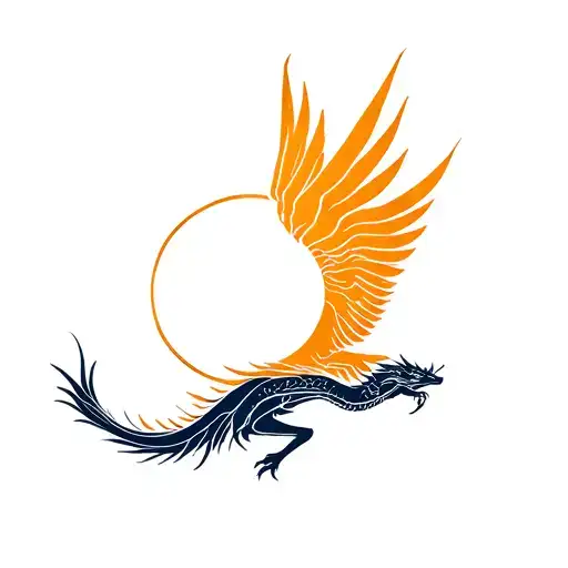 Dragon And Icarus Flying Towards The Sun Rising Phoenix Bird