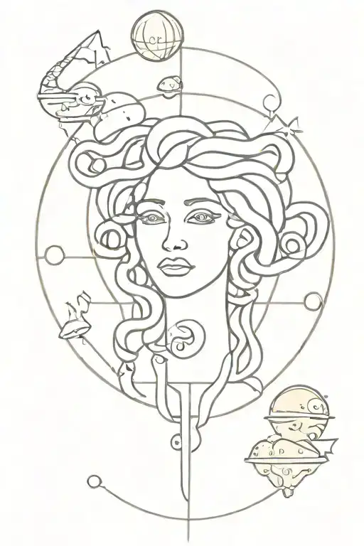 A Minimalist Tattoo Of Medusa Intertwined With Candy And Surrounded By Ufos
