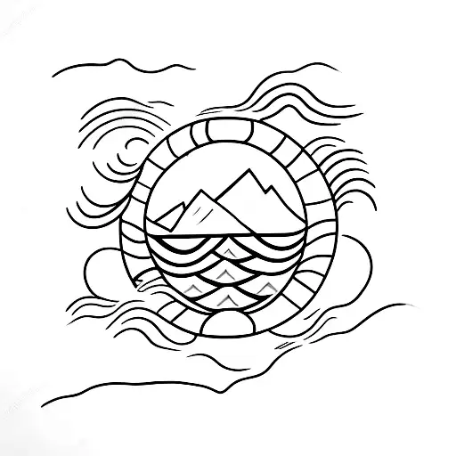 A Minimalist Tattoo Of A Mountain Range With A Sailing Ship Sailing Through The Waves