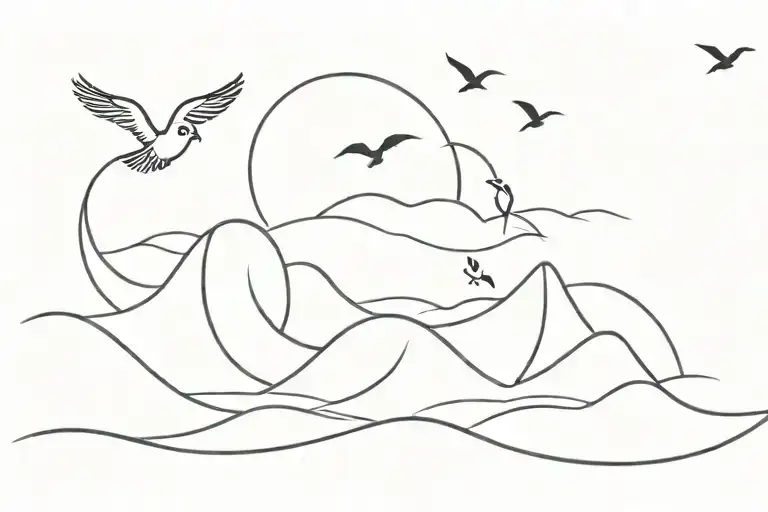 Waves And Sunset And Birds Flying Away