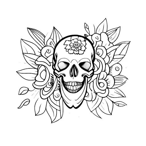 A Minimalist Line Art Of A Skull With Blooming Flowers Growing From Its Eye Sockets