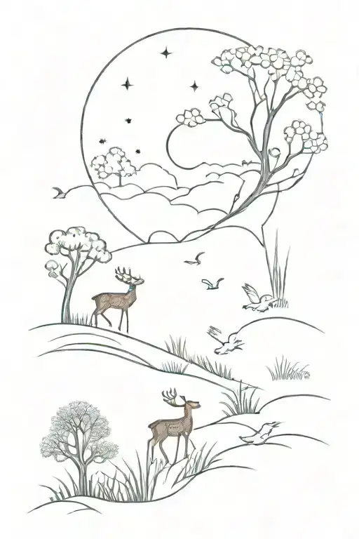 Grass With Deer And Trees And Ducks In The Sky