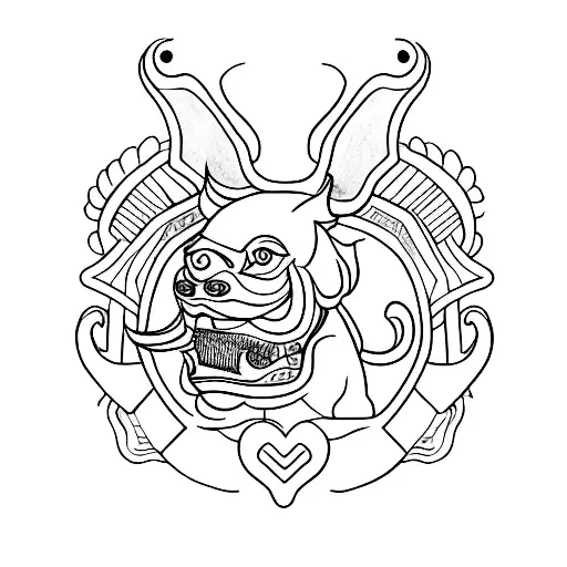 A Minimalist Tattoo Of A Shisa Dog Driving A Vintage Car