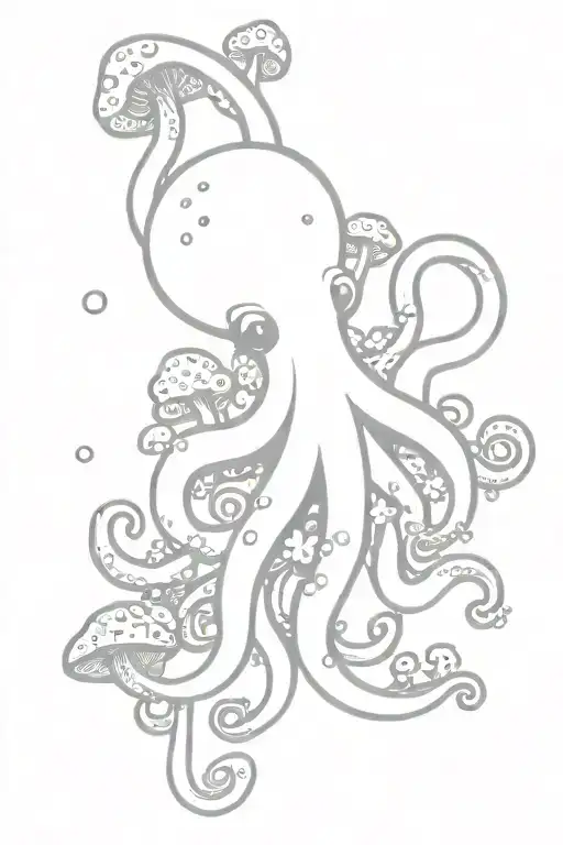 Cartoonish Octopus With Small Mushrooms And Fungi Growing Off Of It