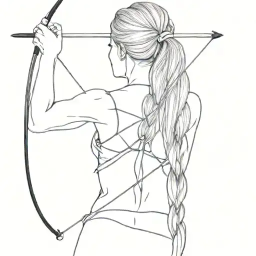 Girl From Behind With A Long Braid Holding A Bow And Arrow Pointing In Front Of Her