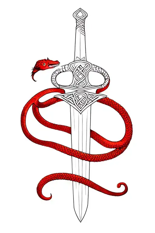 Chinese Red Snake Wrapped Around A Celtic Claymore Sword