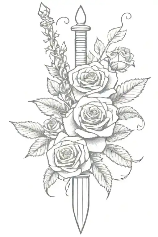 A Dagger On The Spine Pointing Down With A Vine Of Roses Wrapped Around