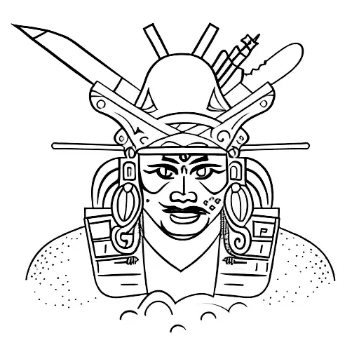A Detailed Sketch Of A Mayan Warrior With A Volcano Erupting In The Background