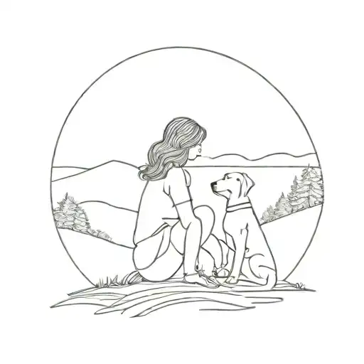 Woman With Her Dog Sitting On The Hill In The Sunset