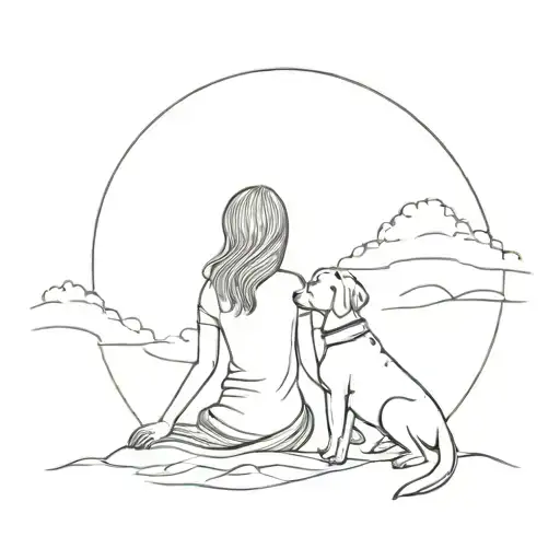 Woman With Her Labrador Retriever Sitting On The Hill In The Sunset