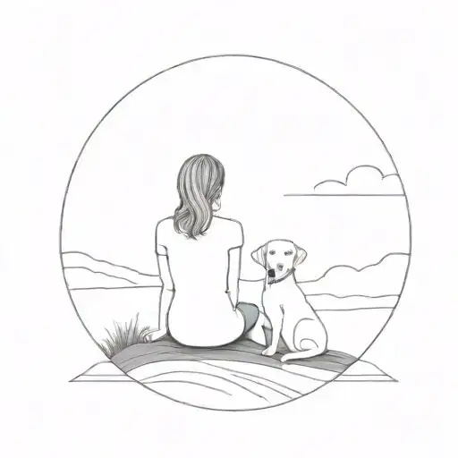 Woman With Her Arm Around Her Labrador Retriever Sitting On The Hill In The Sunset