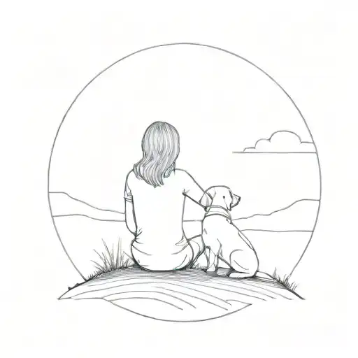 Woman With Her Arm Around Her Labrador Retriever Sitting On The Hill In The Sunset