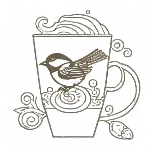 A Coffee Cup Filled With Swirling Patterns And A Chickadee Flying Out Of The Steam