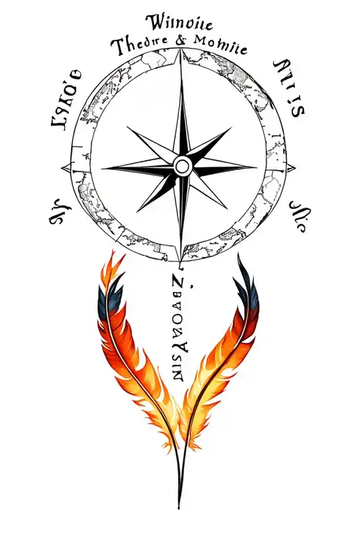 A Compass Rose And Feathers Intertwined With A Burning Map With The Names Theodore And Winnie