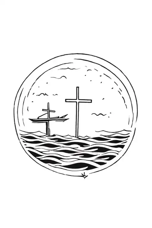 Cross And A Mini Cruiser In The Sea