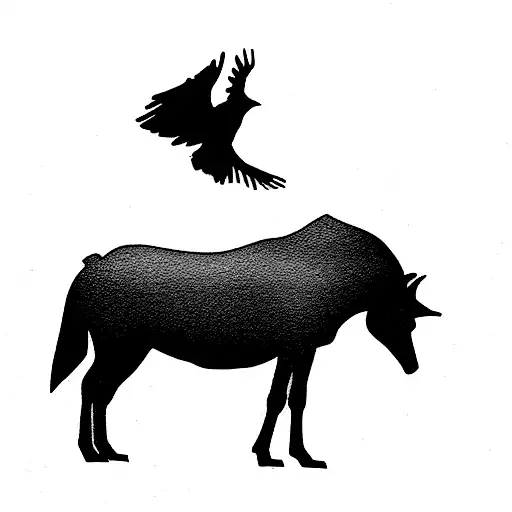 Rider On Horse With 2 Ravens And 2 Wolves