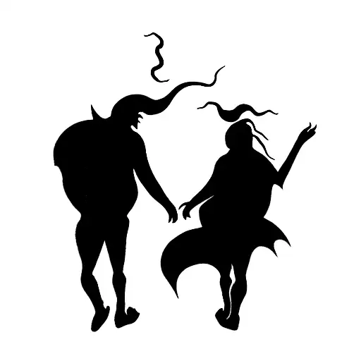 Siluet Of Two Friends Walking With A Siluet Of A Dragon Flying Above Them