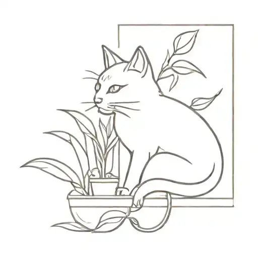 Cat Plant Book Style Illustration