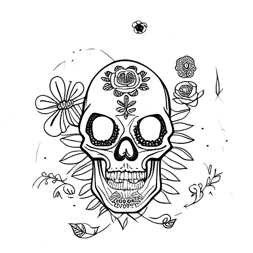 Skull With Flowers And Mushrooms Coming Out Of The Inside