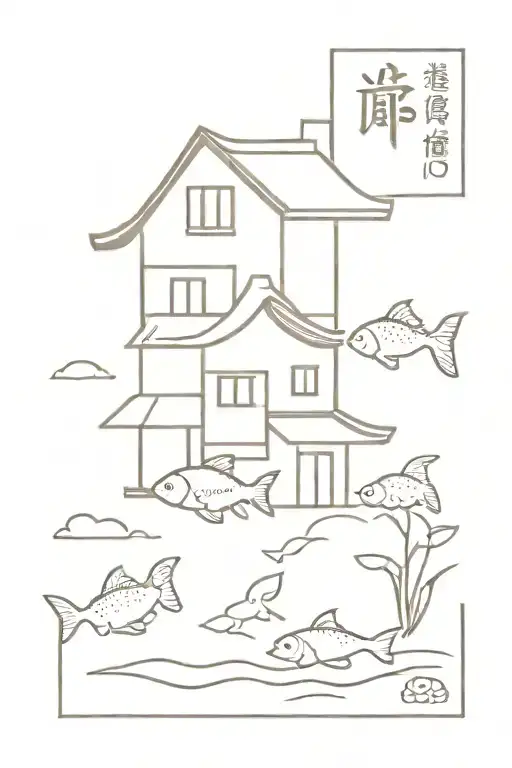 Asian Stamp Including Fish And House