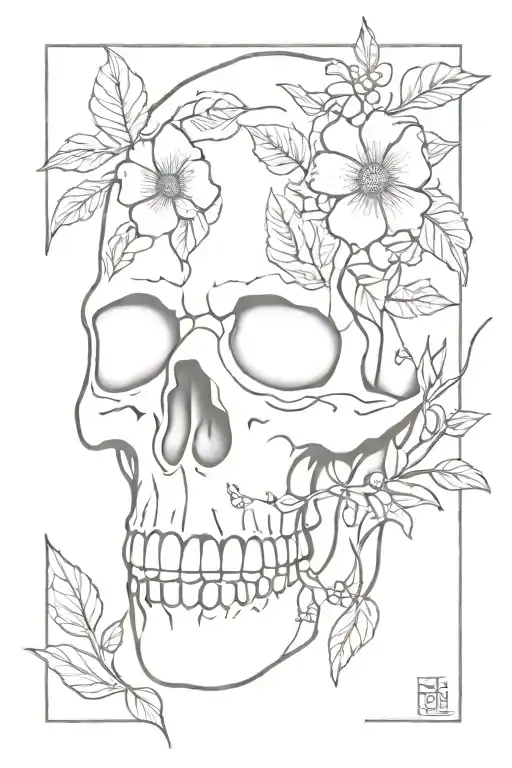 Skull Loooking Sideways With Flowers And Leafs Growing There The Eye And Nose Holes