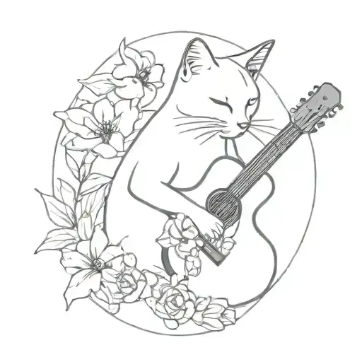 A Minimalist Design Of A Cat Playing A Guitar Surrounded By Delicate Flower Petals