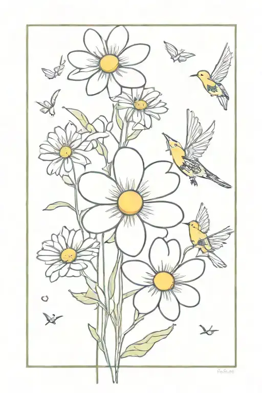 Daisy Flower And Forget Me Nots With Blackbirds