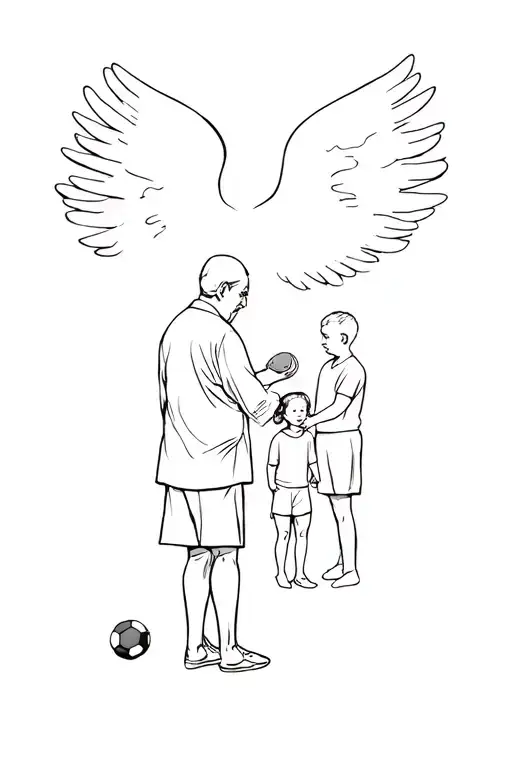 Grandfather With Wings Teaching Their Grandchildren To Play Football