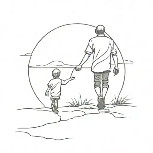 Father And Son Walking To The Sunset