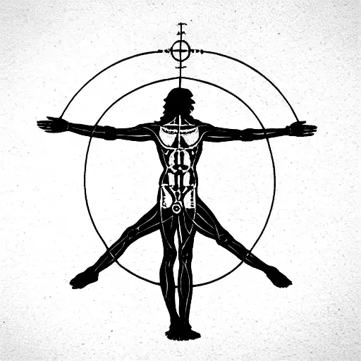 Vitruvian Man With Ancient Roman Scriptures On The Top And Bottom Around It