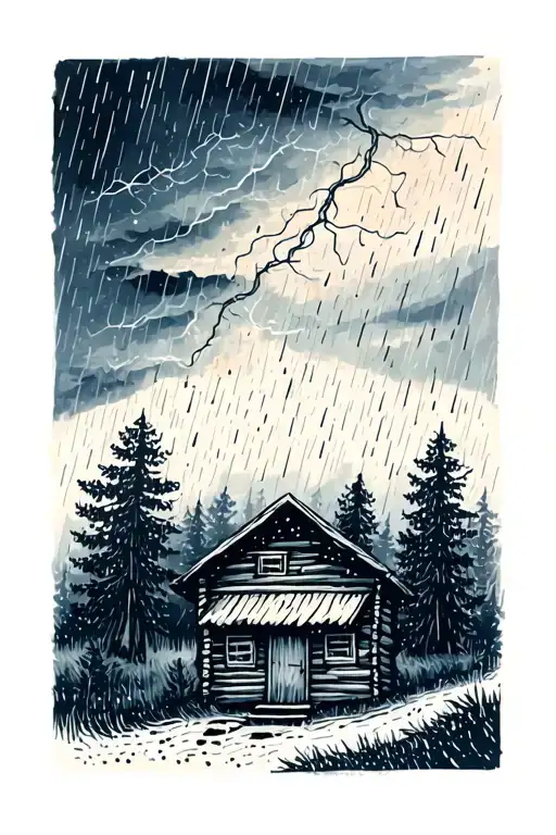 Hygge Painting Of Ladscape With Thunderstorm And Heavy Rain With Trees And Woodcabin