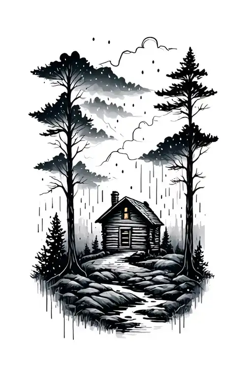 Hygge Painting Of Ladscape With Thunderstorm And Heavy Rain With Trees And Woodcabin