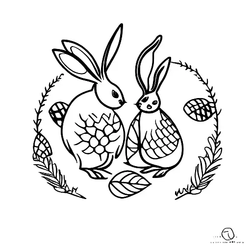 A Minimalist Tattoo Of A Rabbit And Chick Nestled Among Forest Leaves And Branches