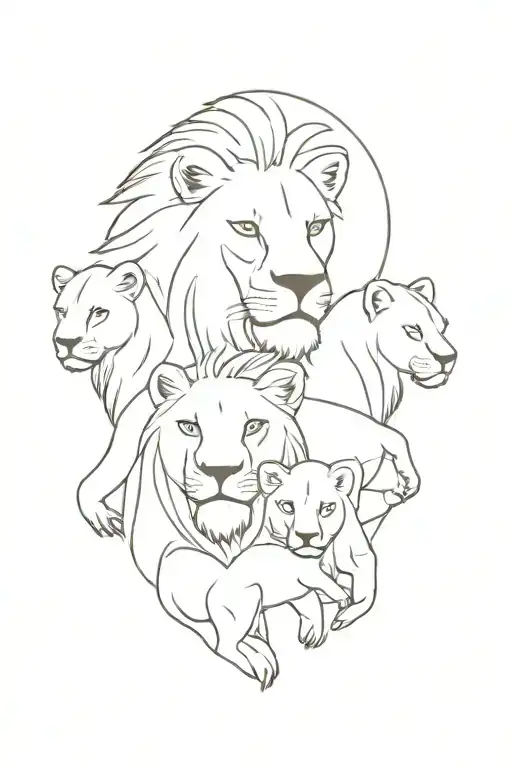 A Lion With A Lioness And 3 Lion Cubs