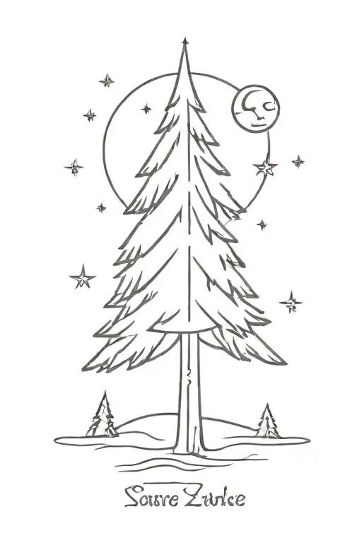 Spruce Tree With The Moon Above And The Cancer Zodiac Sign In The Stars