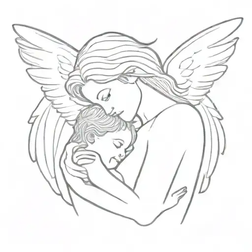 An Angel Embracing A Mother And Son In A Minimalist Style