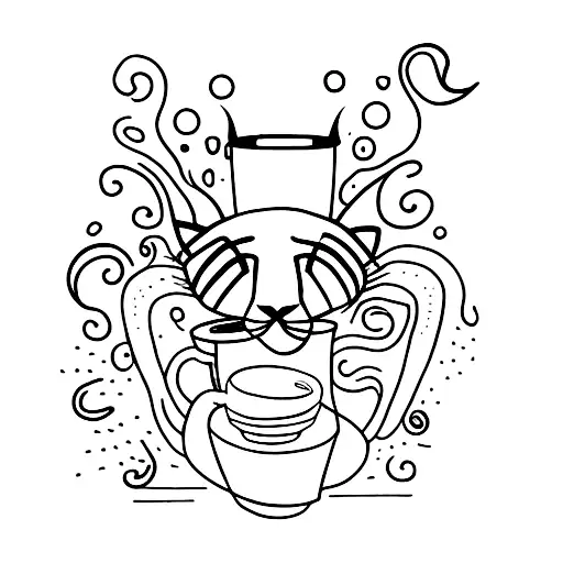 Thin Line Coffee Cup With A Cat Sticking His Head Out Of The Coffee Cup