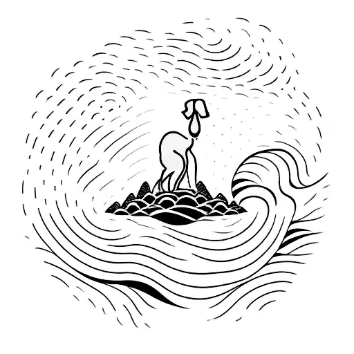 A Minimalist Tattoo Design Of A Beach Scene With A Silhouette Of A Dog Playing In The Sand