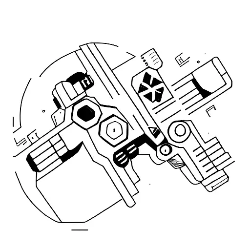 A Minimalist Tattoo Of A Gaming Console Controller Embedded In A Futuristic Cyberpunk City