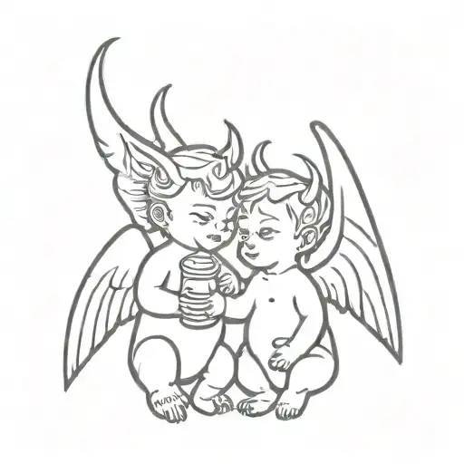 Little Devil And Angel Holding A Bottle