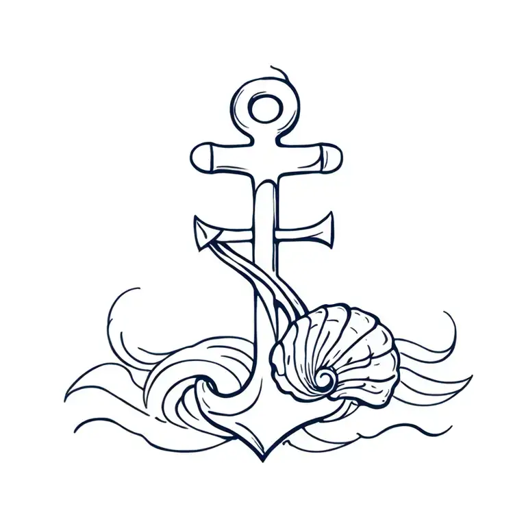 Anchor With Simple Ocean Wave And A Seashell Resting